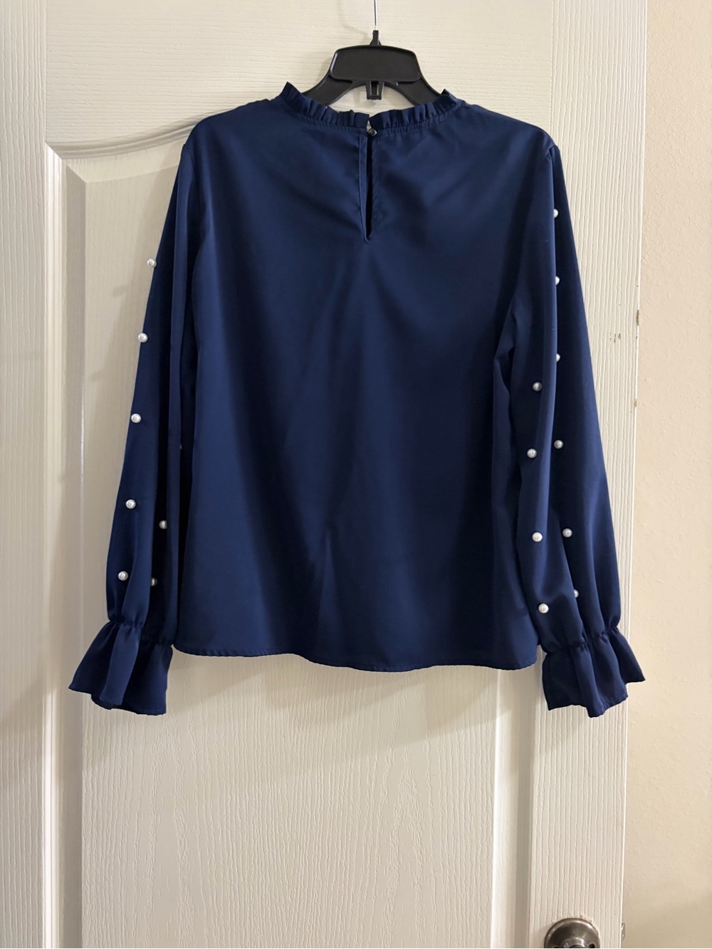 SHEIN Navy Pearl-Embellished Ruffle Neck Blouse